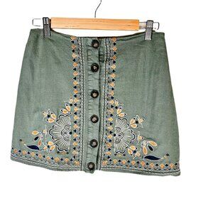 Blue Rain‎ Mini Skirt S Linen Blend Green Blue Yellow Embroidered Size Small
